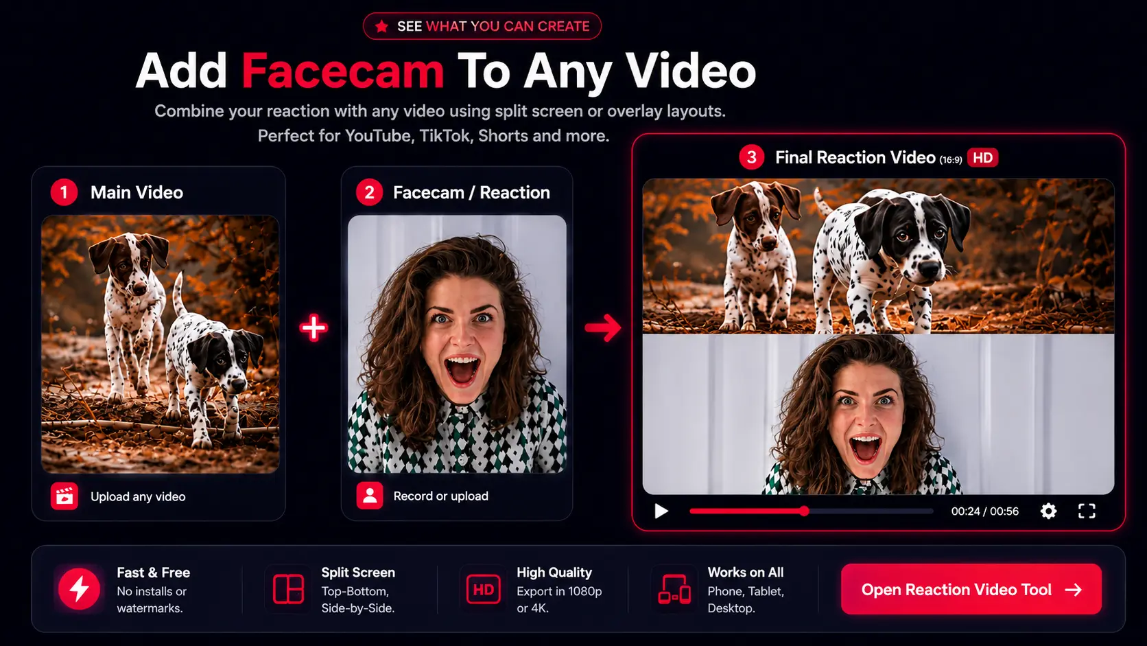 ReactionMaker workflow preview showing split screen reaction video creation